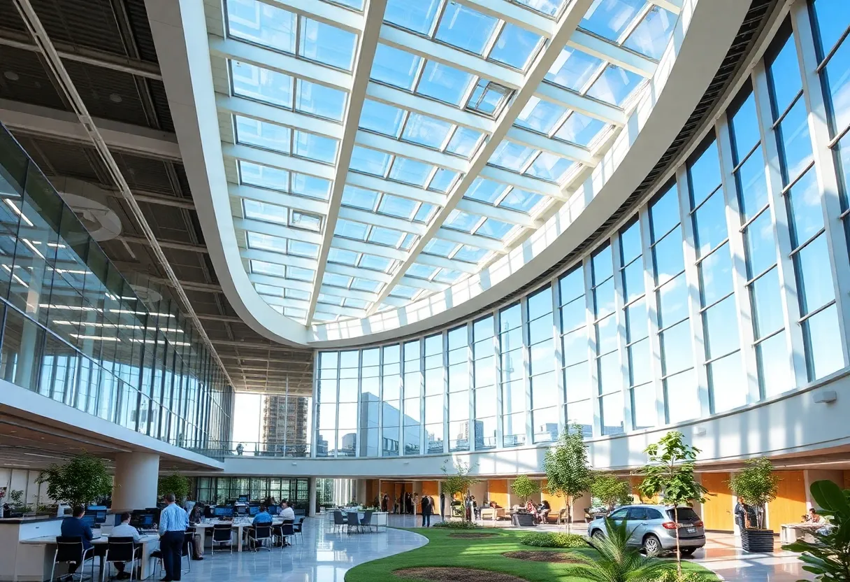 Exterior view of Ford's modern headquarters with natural light and outdoor spaces