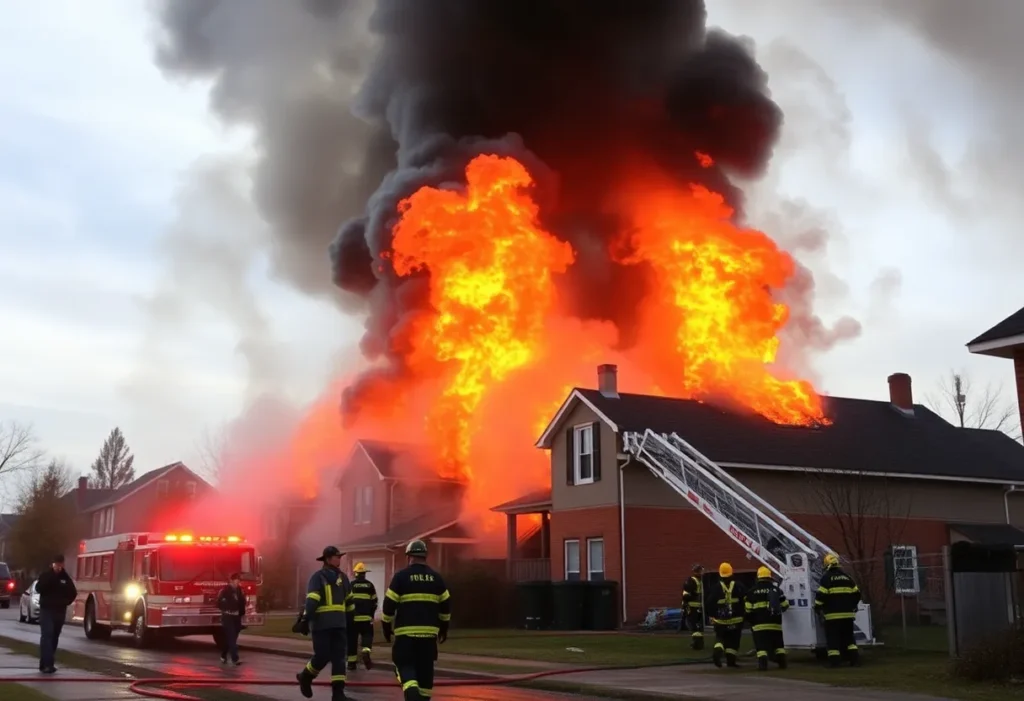 Firefighters responding to a massive blaze at a high-rise building