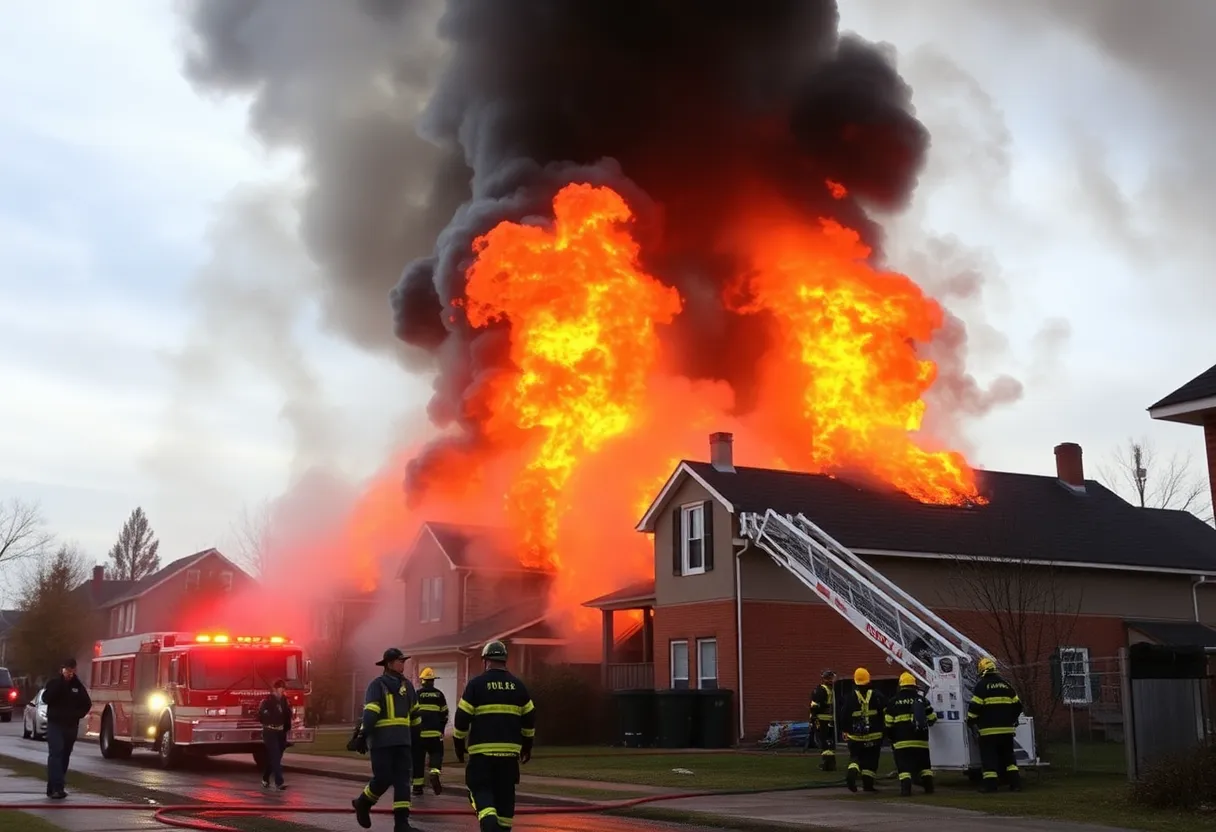 Firefighters responding to a massive blaze at a high-rise building