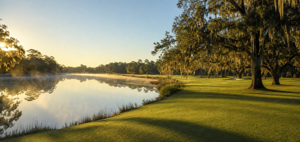Golf course fairway at sunrise